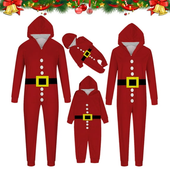 Odeerbi Matching Family Christmas Pajamas Sets Santa Claus Print Hooded Onesie Sleepwear Womens Cute Xmas Stripe Print Plush Jumpsuit Long Sleeve Parent-Child Loungewear Jammies for Mom