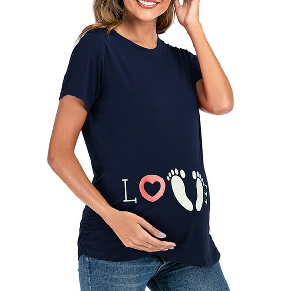 Odeerbi Maternity Clothes Maternity Blouse for Women Breastfeeding Fashion 2024 Casual Solid Color Print Short Sleeve Pregnant Tops Navy - A