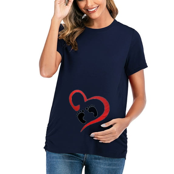 Odeerbi Maternity Clothes Maternity Blouse for Women Breastfeeding Fashion 2025 Casual Solid Color Print Short Sleeve Pregnant Tops Navy
