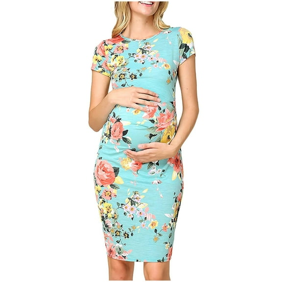 Odeerbi Maternity Dress Womens Short Sleeve Round Neck Floral Print Dress Pregnancy Clothes Burgundy