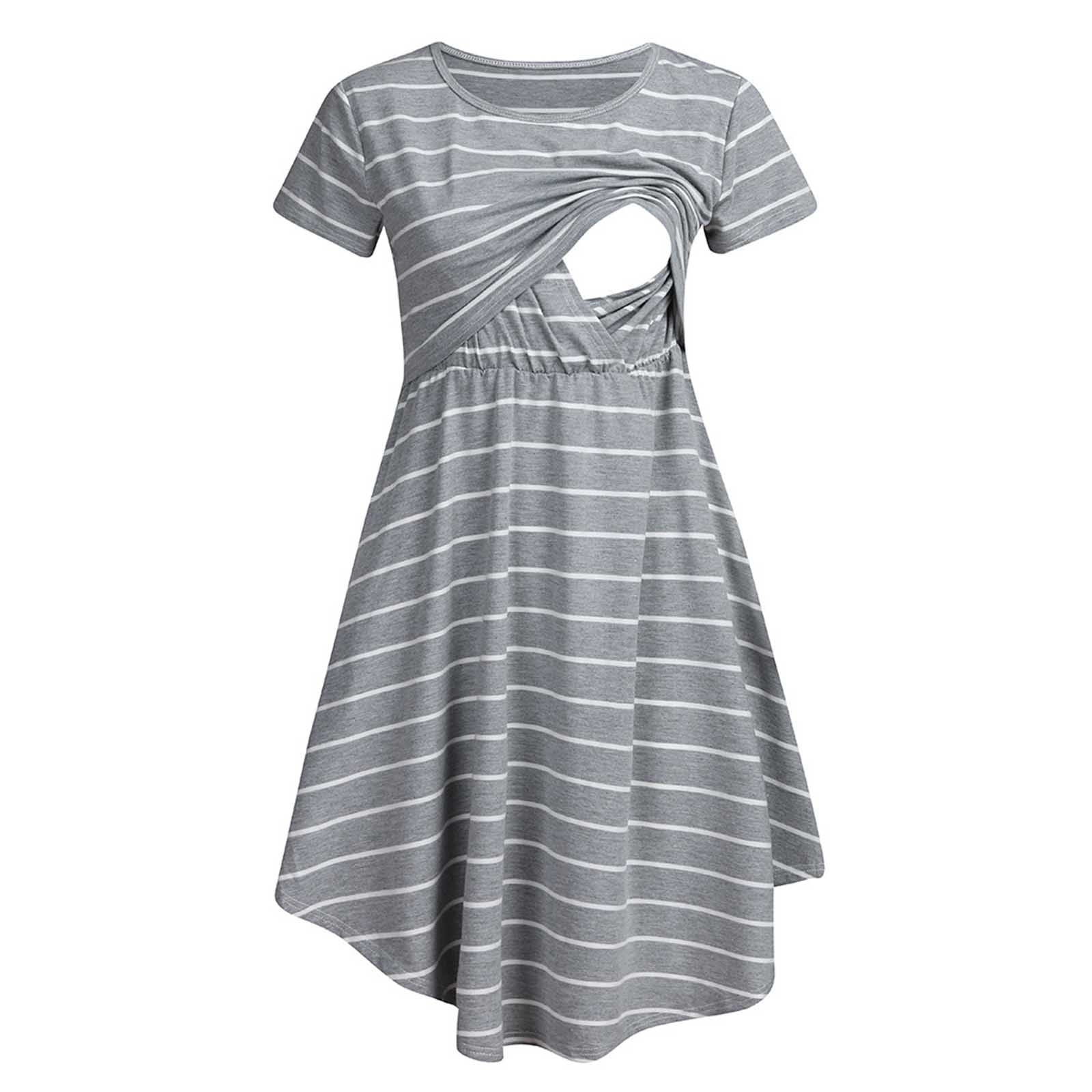 Odeerbi Maternity Dress Womens Short Sleeve Stripe Long Skirt Breastfeeding  Pregnant Nursing Long Dress Gray
