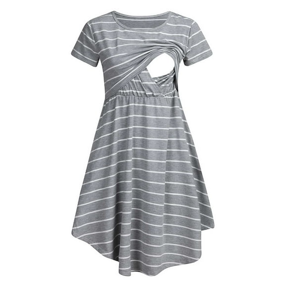Odeerbi Maternity Dress Womens Short Sleeve Stripe Long Skirt Breastfeeding Pregnant Nursing Long Dress Gray