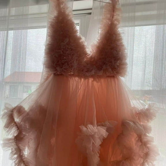 Odeerbi Maternity Dress for Photoshoot Multi-layer Ruffle Tulle Off Shoulder Pregnants Photography Dress Womens Ruffled Nursing Long Dress Pink