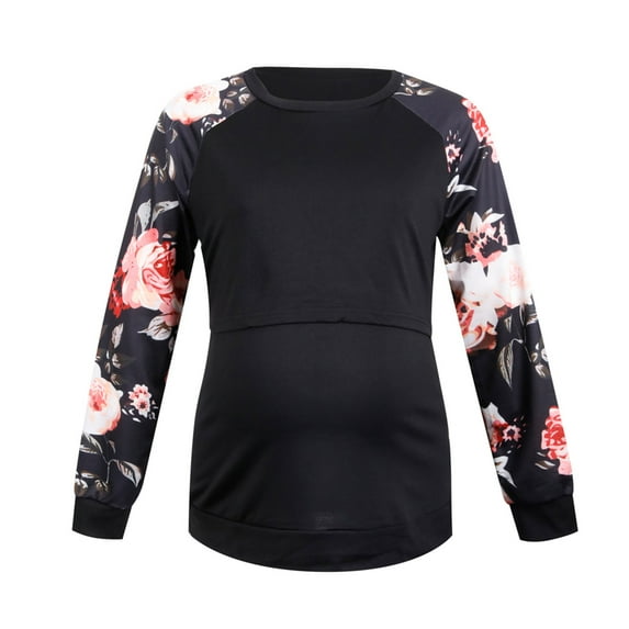 Odeerbi Maternity Shirts Long Sleeve Print Patchwork Round-Neck Breast-Feeding Pregnant Nursing Blouse Tops Black