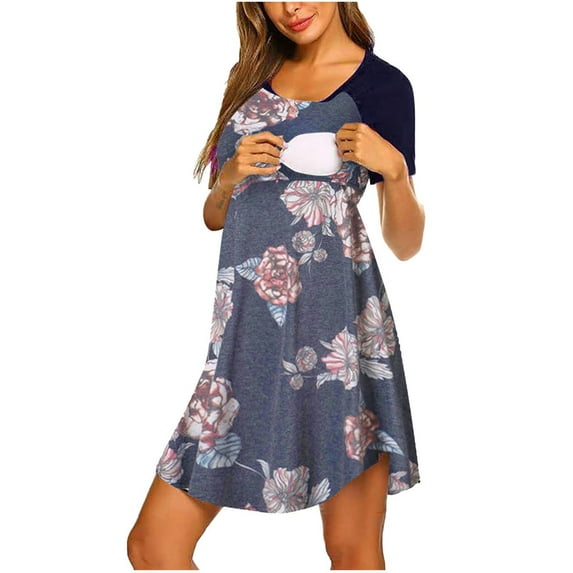 Odeerbi Maternity Summer Dress for Women 2025 Round Neck Print Patchwork Dress Short Sleeve Breast Feeding Dress Pregnant Nursing Sleepwear Dress Navy