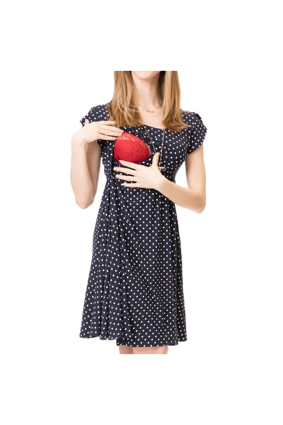 Maternity Summer Dress for Women 2025 Nursing Clothes Polka Dots Round Neck Short Sleeve Dress Multifunctional Wear Red