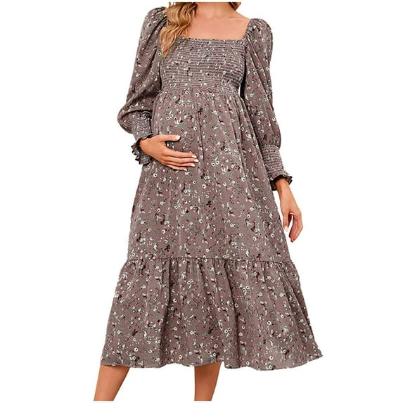 Odeerbi Maternity Women's Pregnant Long Dress 2025 Casual Erogenous Trendy Small Floral Printing Chiffon Dress Square Collar Long Sleeve Dress Yellow