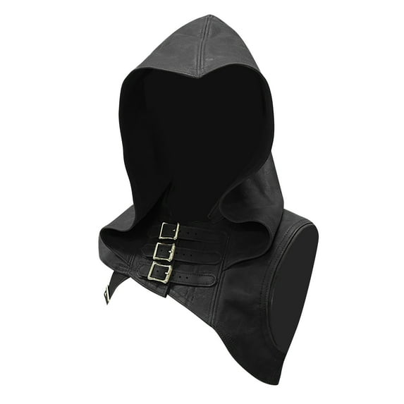 Odeerbi Medieval Witch Cowl Hat for Men Women Steampunk Leather Hooded Poncho Unisex Gothic Cape Retro Buckle Shoulder Guards Hat Performance Suit Black