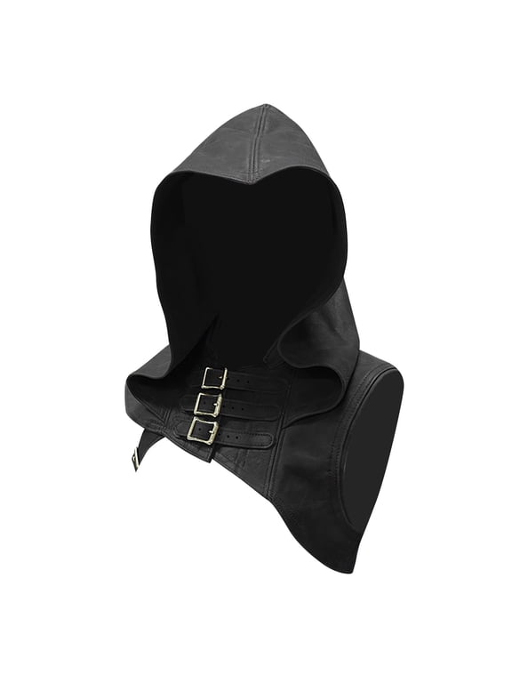 Medieval Witch Cowl Hat for Men Women Steampunk Leather Hooded Poncho Unisex Gothic Cape Retro Buckle Shoulder Guards Hat Performance Suit Black