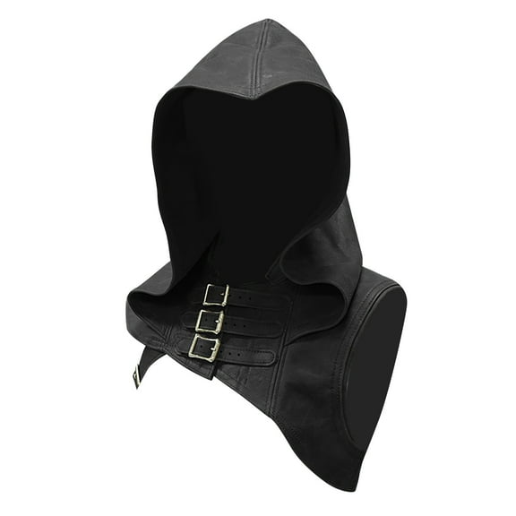 Odeerbi Medieval Witch Cowl Hat for Men Women Steampunk Leather Hooded Poncho Unisex Gothic Cape Retro Buckle Shoulder Guards Hat Performance Suit Black