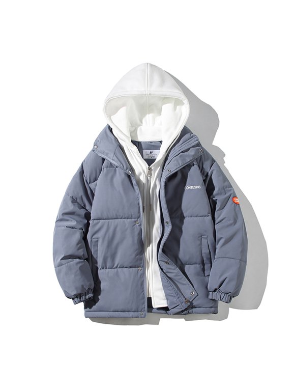 Men Long Sleeve Parkas Coats Fake Two-piece Hooded Cotton-padded Jacket Thick Warmth Personalized Cotton-padded Jacket Unisex Style Blue