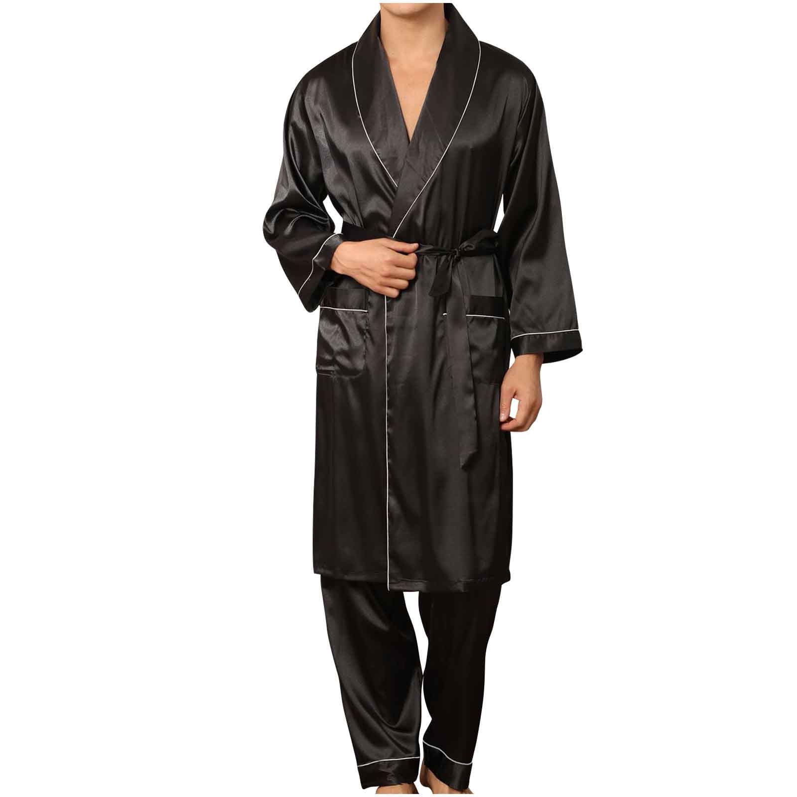 Odeerbi Men Satin Robe Sleepwear Solid Casual Long Sleeves Lace-up Home ...