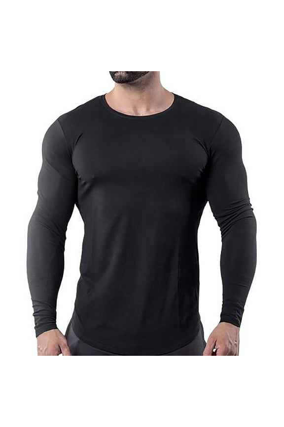 Men Shirts Long Sleeve Round Neck Blouses 2025 New Autumn Solid Color Fitness T-shirt Bottoming Shirt Top Black