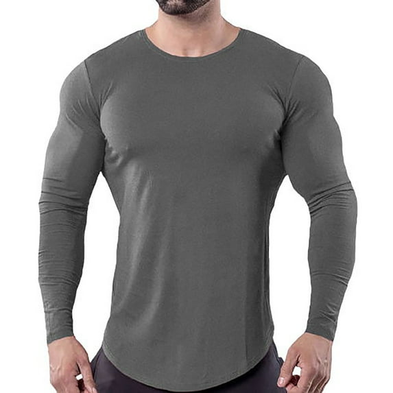 Odeerbi Men Shirts Long Sleeve Round Neck Blouses 2025 New Autumn Solid Color Fitness T-shirt Bottoming Shirt Top Dark Gray