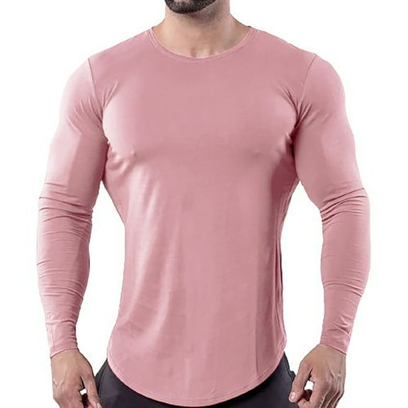 Odeerbi Men Shirts Long Sleeve Round Neck Blouses 2025 New Autumn Solid Color Fitness T-shirt Bottoming Shirt Top Pink