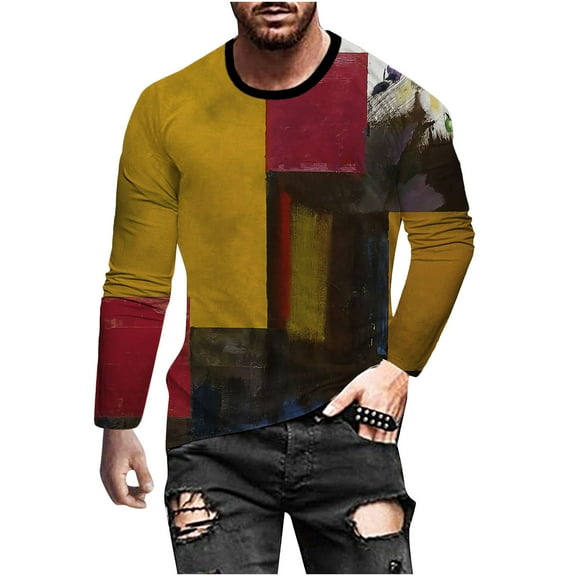 Odeerbi Men Shirts Long Sleeve Round Neck Blouses Digital Printing 3D Gradient 2025 Casual T-shirt Top Navy