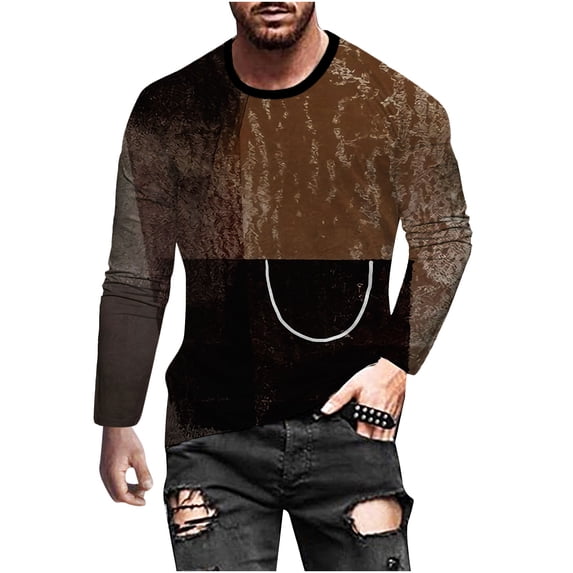 Odeerbi Men Shirts Long Sleeve Round Neck Blouses Digital Printing 3D Gradient Casual T-shirt Top Brown
