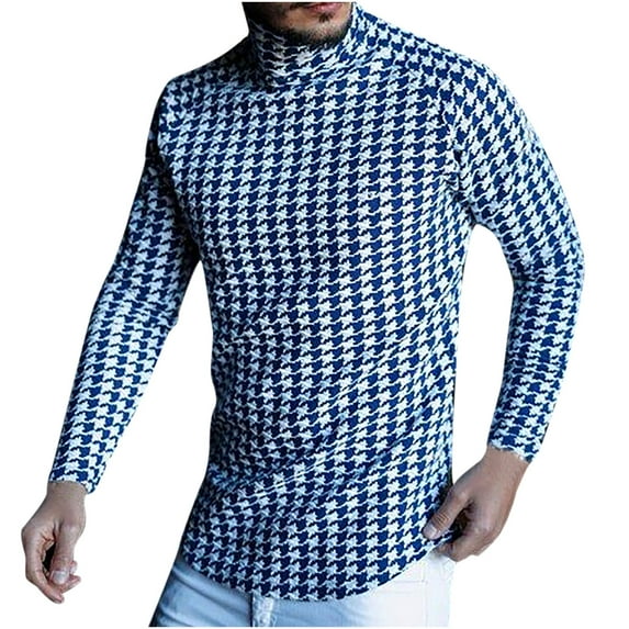 Odeerbi Men Shirts Long Sleeve Round Neck Blouses Trendy 2025 Casual Turtleneck Pullover Printed T-Shirt Top Blue
