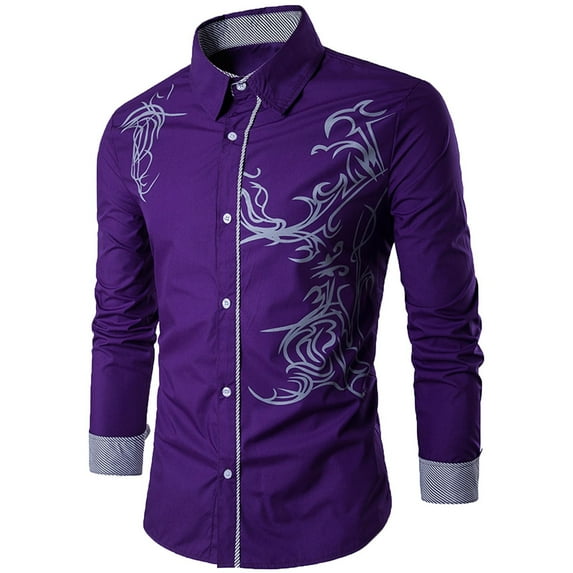 Odeerbi Men Turndown Collar Blouse Shirts Long Sleeve 2025 Casual Pattern Button Slim Turndown Top Blouse Shirt Purple