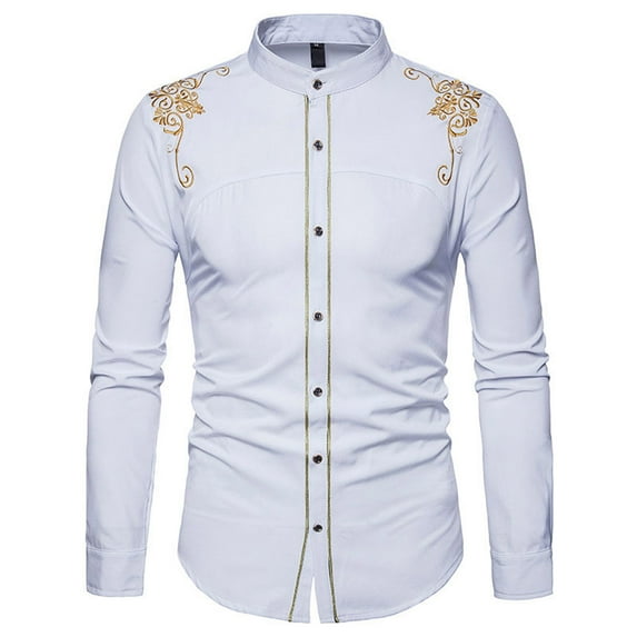 Odeerbi Men Turndown Collar Blouse Shirts Long Sleeve Casual Slim Button Down Dress Shirts Tops With Embroidery Black