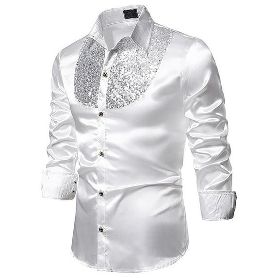 Odeerbi Men Turndown Collar Blouse Shirts Long Sleeve Autumn And Winter Trendy Casual Sequins Shirt Top Gold