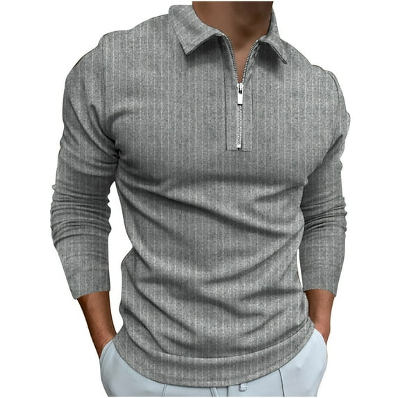Odeerbi Men Turndown Collar Blouse Shirts Long Sleeve Shirts Turn-Down Collar Zip Up Pullover Tops Color Matching 2025 Casual Slim Basic Gray