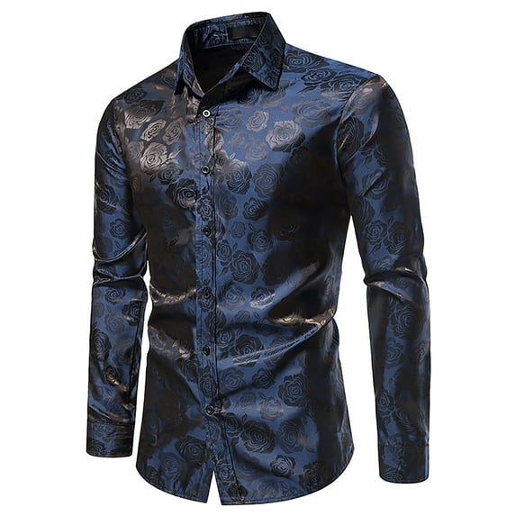 Odeerbi Men Turndown Collar Blouse Shirts Long Sleeve Trendy Rose Printed 2024 Casual Button Slim Formal Shirt Black