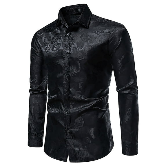 Odeerbi Men Turndown Collar Blouse Shirts Long Sleeve Trendy Rose Printed 2024 Casual Button Slim Formal Shirt Black