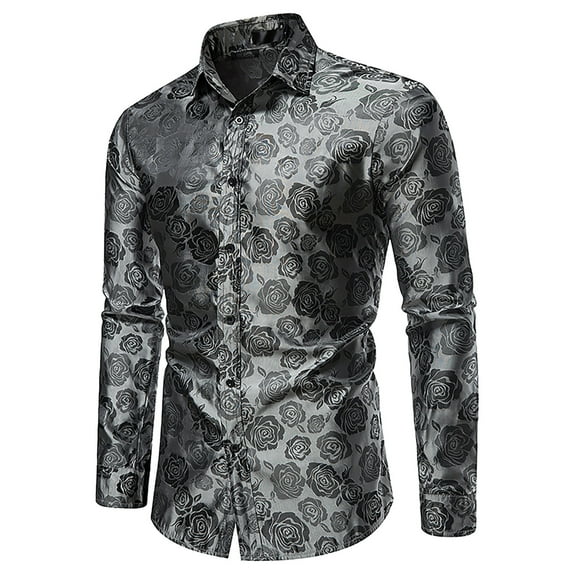 Odeerbi Men Turndown Collar Blouse Shirts Long Sleeve Trendy Rose Printed 2024 Casual Button Slim Formal Shirt Black
