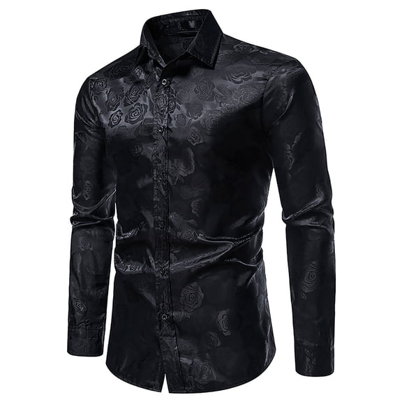 Odeerbi Men Turndown Collar Blouse Shirts Long Sleeve Trendy Rose Printed 2025 Casual Button Slim Formal Shirt Black
