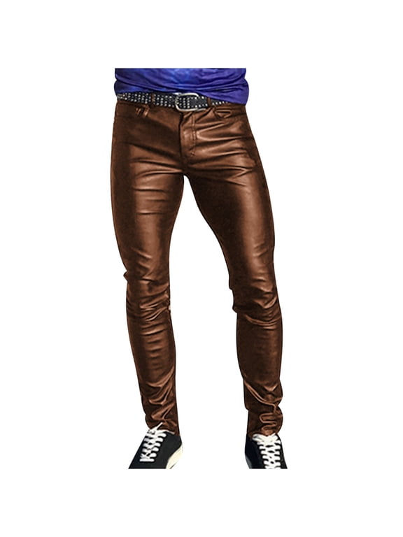 Men's Casual Leather Pants Punk Retro Gothic Slim Pants Solid Color Full Length Pants