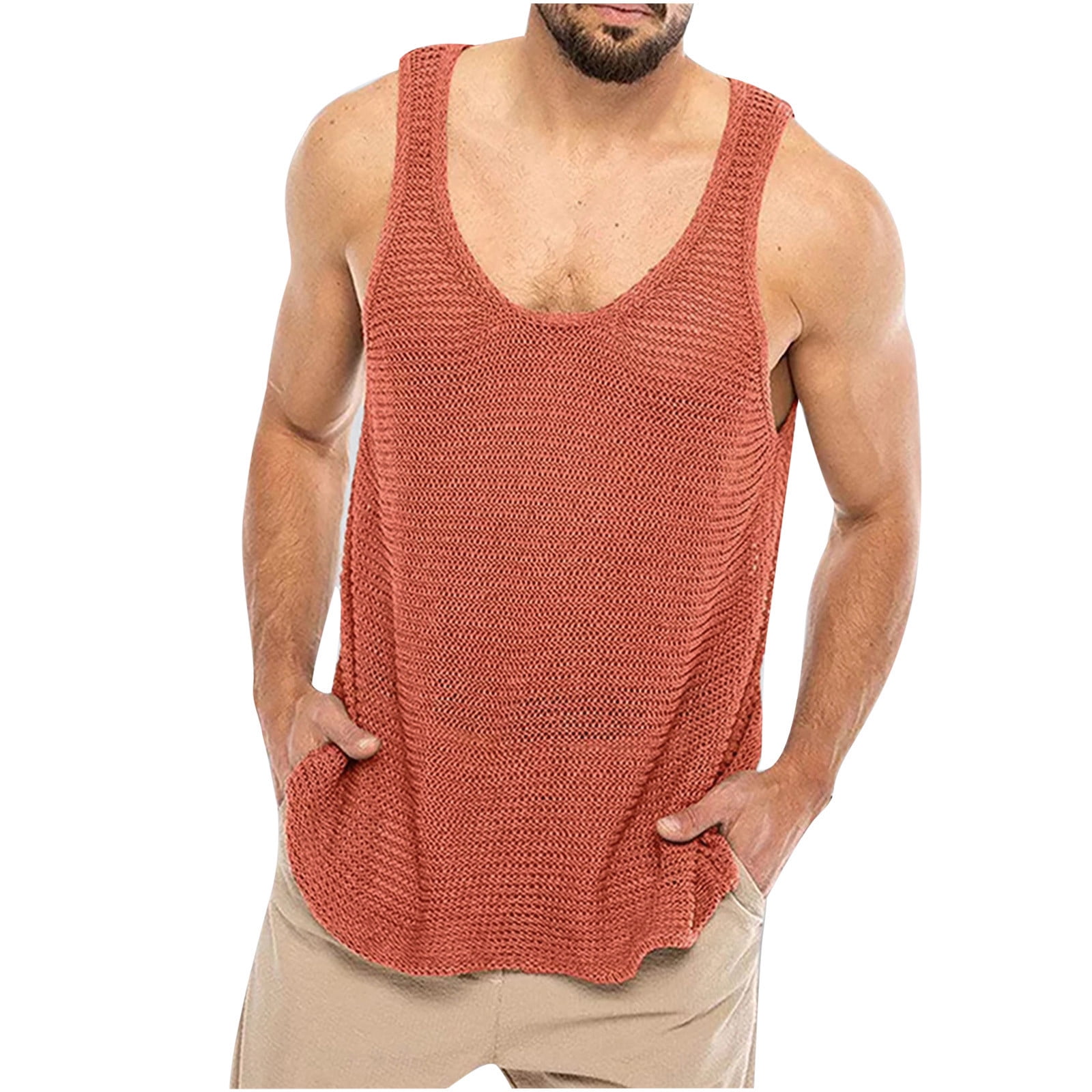 Odeerbi Men's Crochet Tank Tops Fashion 2024 Casual Solid Sleeveless Top  Hollow Out Knitting Round Neck Vest Black 
