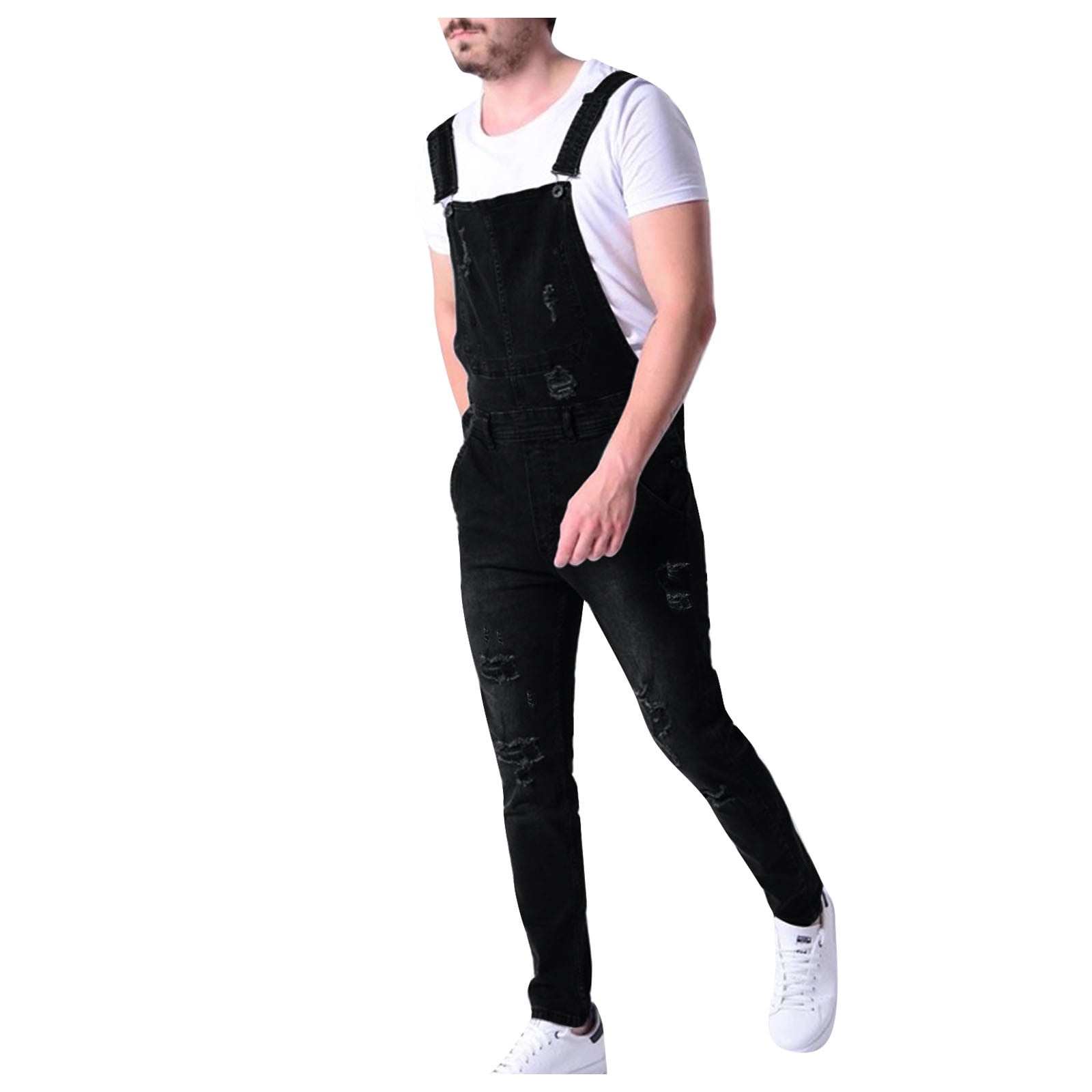 Odeerbi Men's Denim Bib Overalls Casual Soid Ripped Jean Overalls with