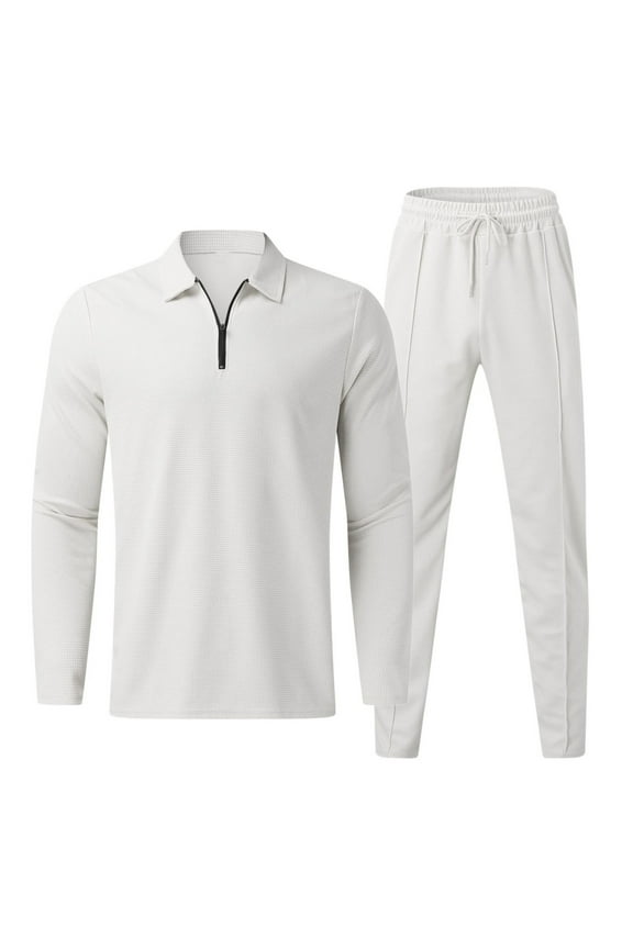Men's Sports Sets Workout Outfits Set Casual Two Piece Tracksuit Solid Turndown Suit Fashion Zip Long Sleeve Trousers White