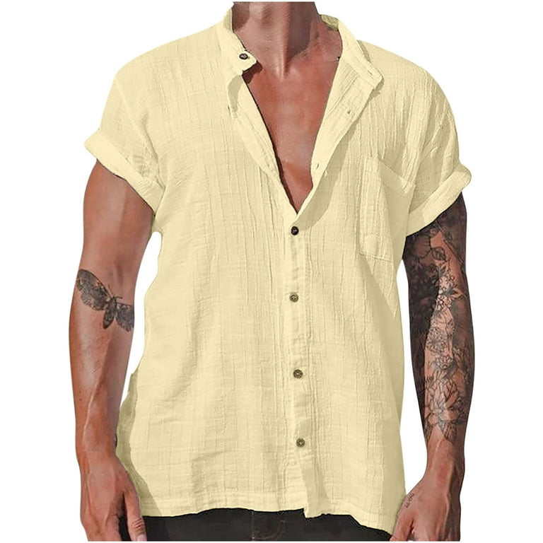 Odeerbi Men's Summer Casual Shirt Solid Cotton Cardigan Shirt with