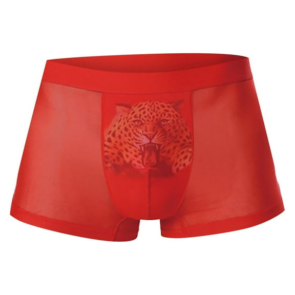 Odeerbi Mens Boxer Briefs 2025 Valentine's Day ice silk sexy print flat angle hollowed out underwear Red