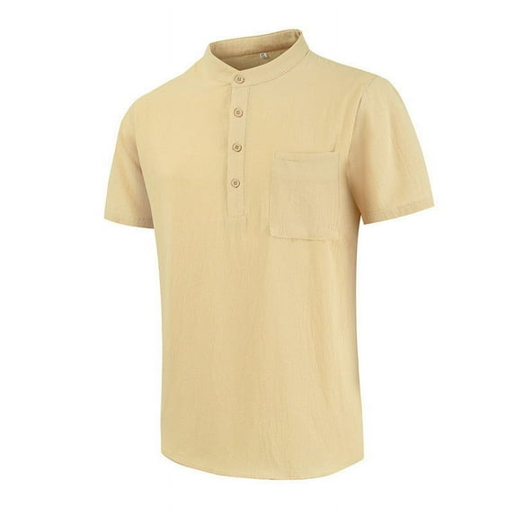 Odeerbi Mens Cotton Linen Shirt 2025 Casual Loose Solid Color Shirt Stand Collar Short Sleeve Tops Green