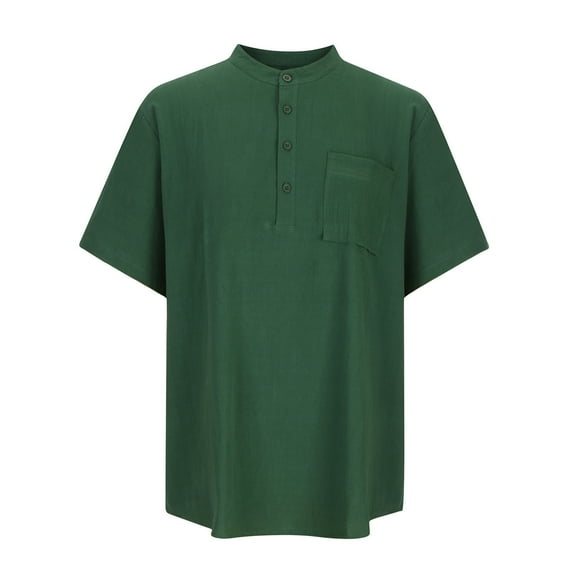 Odeerbi Mens Cotton Linen Shirt 2025 Casual Loose Solid Color Shirt Stand Collar Short Sleeve Tops Green