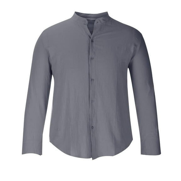 Odeerbi Mens Cotton Linen Shirt Long Sleeve Stand-Up Collar Blouse 2025 Casual Solid Button Shirt Black