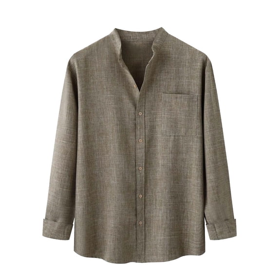 Odeerbi Mens Cotton Linen Shirt Trendy Stand Collar 2024 Long Sleeve Solid Color Tops Khaki