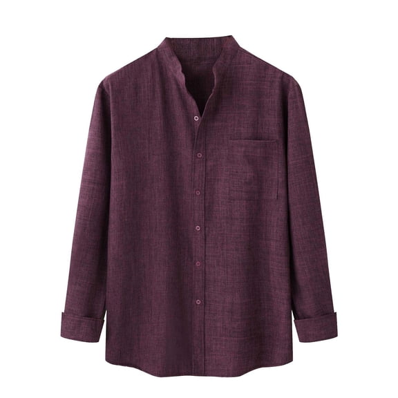 Odeerbi Mens Cotton Linen Shirt Trendy Stand Collar 2025 Long Sleeve Solid Color Tops Khaki