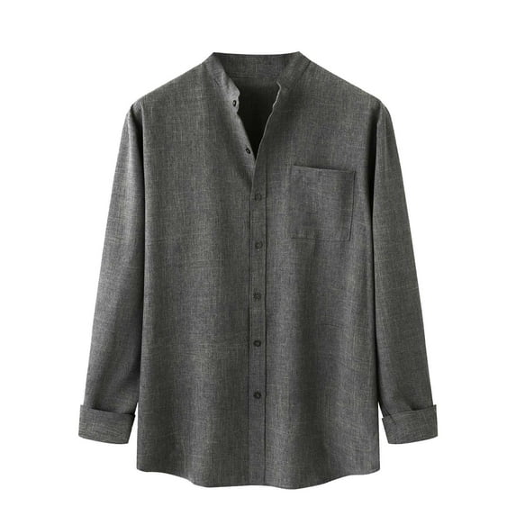 Odeerbi Mens Cotton Linen Shirt Trendy Stand Collar 2025 Long Sleeve Solid Color Tops Khaki