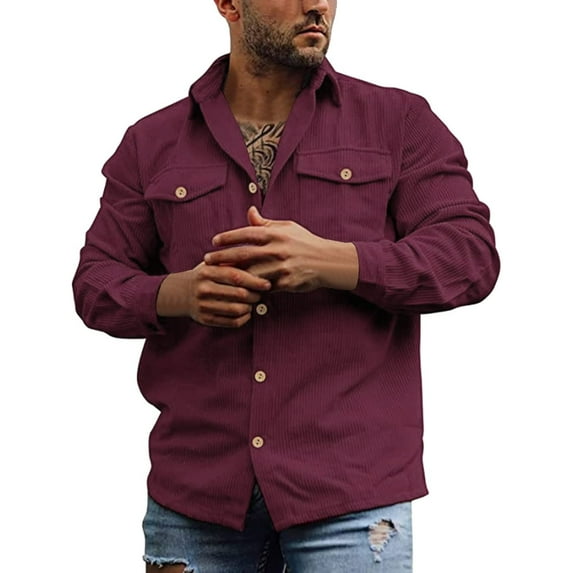 Odeerbi Mens Fall Retro Tops Corduroy Button Jacket Long Sleeve Striped 2025 Casual Vintage Double Pocket Work Top Shirt Burgundy