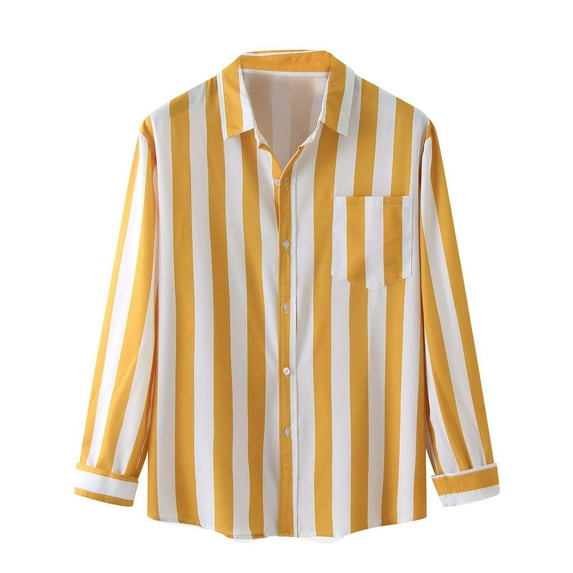 Odeerbi Mens Fall Tops Trendy Winter Single Side Pocket Stand Collar 2024 Long Sleeve Striped Shirt Top Yellow