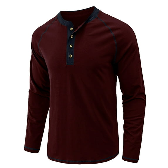 Odeerbi Mens Shirts 2025 Long Sleeve Shirts Pullover Button Bottoming Round Neck Top Burgundy