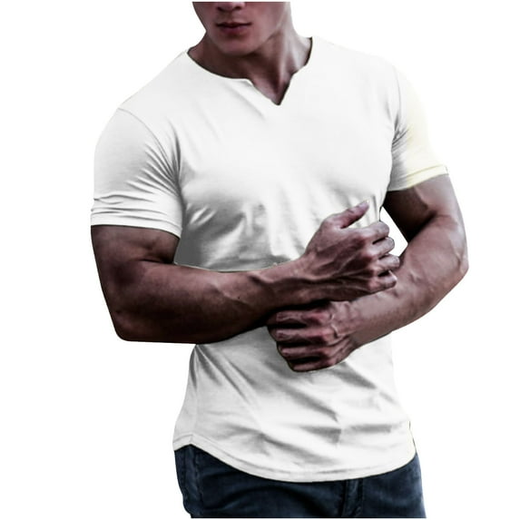 Odeerbi Mens Shirts Dressy 2024 Casual Tops Solid Round V-Neck Slim Short Sleeved T-Shirt Bottoming Shirt White