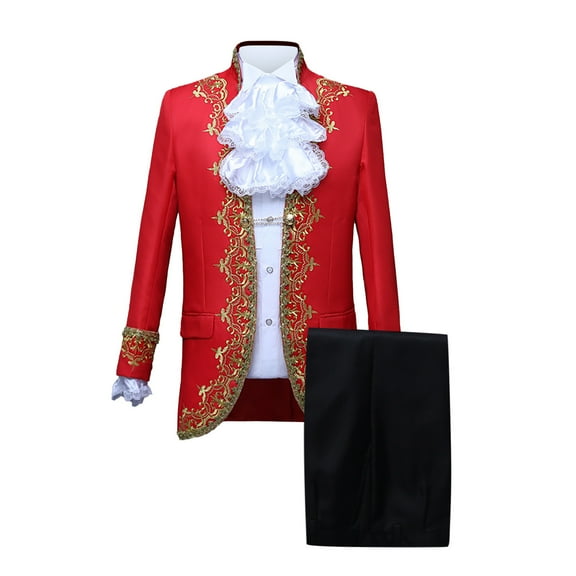 Odeerbi Mens Steampunk Tailcoat Gothic Medieval Gold Embroidery Jacket Tuxedo Coat Frock Uniform European Court Performances Prince Uniforms Coat Red
