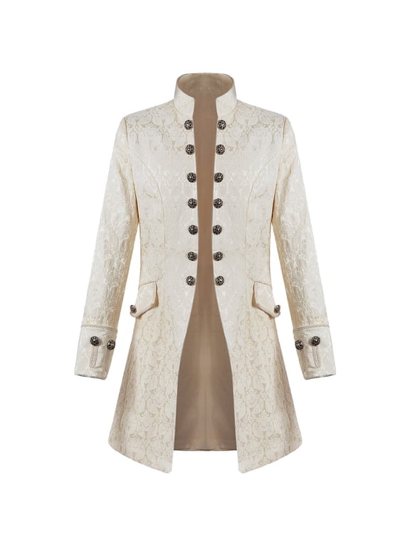 Mens Steampunk Tailcoat Gothic Medieval Jacket Frock Uniform Halloween Long Tuxedo Coat Standing Collar Court Clothing Retro Slim Coat Beige