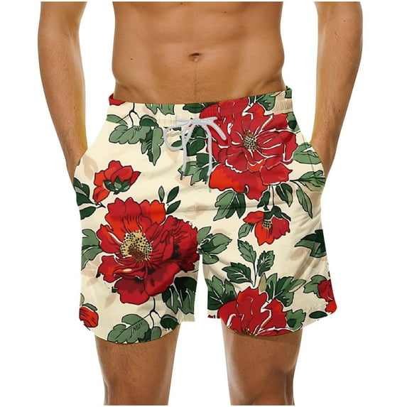 Odeerbi Mens Swim Trunks Hawaiian Tropical Print Bord Shorts Summer Beach Swimming Trunks Loose Beach Shorts with Pocket Swimming Pants Red