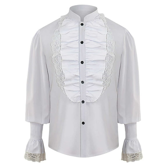 Odeerbi Mens Tops Shirts Blouses Dressy 2025 Casual Long Sleeve Shirts Fashion Pullover Stand Collar Ruffled Renaissance Shirt Steampunk Trumpet Sleeve Top Black